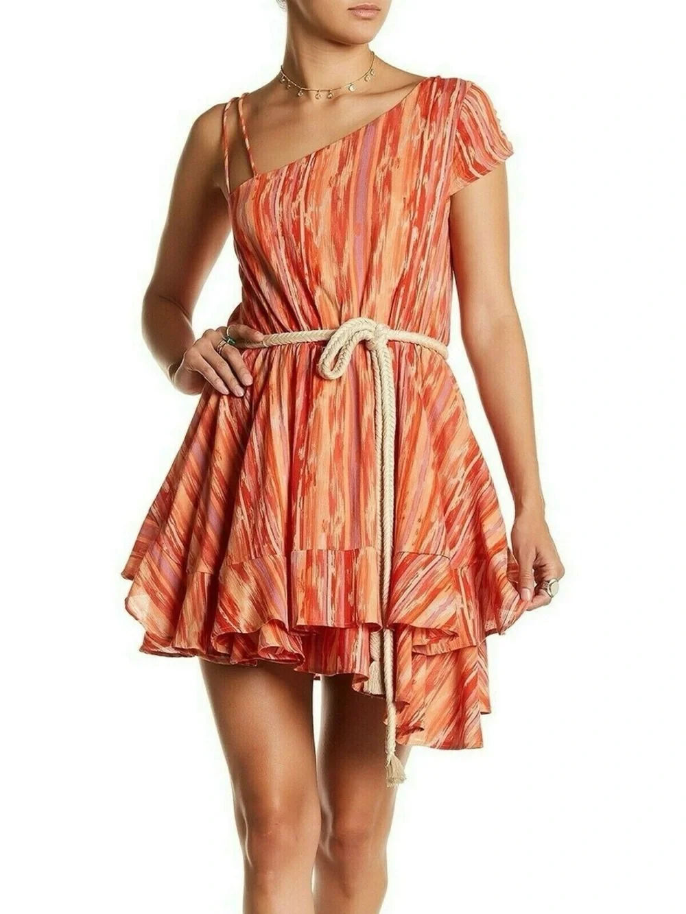Free People Orange One-Shoulder Ruffled Dress Sz Medium *Missing Belt*